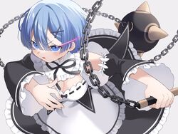  ball_and_chain_(weapon) blue_eyes blue_hair blush breasts chains cleavage commentary detached_sleeves eye_trail female fighting_stance frilled_sleeves frills grey_background hair_between_eyes hair_ornament highres holding holding_weapon large_breasts light_trail maid nitsuki_09 open_mouth re:zero_kara_hajimeru_isekai_seikatsu rem_(re:zero) ribbon-trimmed_clothes ribbon_trim roswaal_mansion_maid_uniform short_hair simple_background solo spiked_ball_and_chain weapon x_hair_ornament 