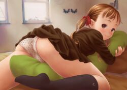  ass bed blurry blush body_pillow bow brown_eyes brown_hair depth_of_field female hair_ornament hairbow highres hug hugging_object indoors kneehighs looking_at_viewer looking_back lying masturbation on_stomach original panties pillow pillow_straddling polka_dot polka_dot_panties school_uniform serafuku socks solo straddling twintails underwear variant_set wadachitokakeru 