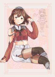  adapted_costume asymmetrical_clothes black_neckerchief black_thighhighs boots breasts brown_eyes brown_hair clothing_cutout english_text female highres kantai_collection long_sleeves midriff navel neckerchief pantyhose red_shirt shirt short_hair short_shorts shorts shoulder_cutout small_breasts smile tan_yang_(kancolle) thighband_pantyhose thighhighs thighhighs_over_pantyhose thighhighs_under_boots thrux white_shorts yukikaze_(kancolle) 