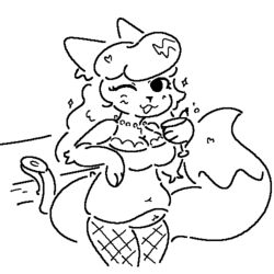  1:1 anthro averi_(fiddleafox) beverage black_and_white brown_body brown_fur canid canine clothing dipstick_tail female female_anthro fishnet_clothing fox fur gloves_(marking) guzzlord420 hair holding_object jewelry leg_markings legwear looking_at_viewer low_res mammal markings monochrome necklace one_eye_closed red_fox simple_background socks_(marking) solo standing tail tail_markings thigh_highs true_fox white_body white_fur 