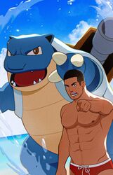  1boy abs arm_hair bara beach black_eyes black_hair blastoise blue_sky chest_hair cloud cowboy_shot facial_hair highres imramillust large_pectorals looking_ahead love_handles male_focus male_swimwear muscular muscular_male navel navel_hair nipples open_mouth original pectorals pointing pokemon red_male_swimwear short_hair sideburns sky solo_focus stubble topless_male undercut water 