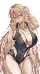  absurdres azur_lane black_one-piece_swimsuit blonde_hair blush breasts brown_eyes cleavage collarbone commission female hair_between_eyes hand_up highres implacable_(azur_lane) large_breasts long_bangs long_hair looking_at_viewer one-piece_swimsuit shiroyuki_(shiroyuki003) simple_background smile solo swimsuit very_long_hair white_background 