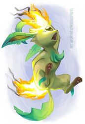  ambiguous_gender bodily_fluids burning butt_on_fire digital_media_(artwork) digital_painting_(artwork) eeveelution feet feral fire game_freak generation_4_pokemon hair_on_fire hand_on_butt hand_on_head leaf leaf_ears leaf_hair leaf_tail leafeon nintendo open_mouth pain plant plant_hair pokemon pokemon_(species) pseudo_hair semi-anthro shaded solo tail tears twarda8 