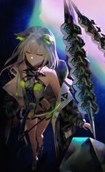  absurdres animal_ear_fluff animal_ears arknights bare_legs bare_shoulders black_footwear black_jacket black_shorts breasts cat_ears closed_mouth expressionless female foreshortening from_above green_eyes grey_hair highres jacket kal&#039;tsit_(arknights) kal&#039;tsit_(remnant)_(arknights) long_sleeves looking_down off_shoulder official_alternate_costume open_clothes open_jacket rhodes_island_logo_(arknights) short_hair short_shorts shorts small_breasts solo tsujieiri walking weapon 