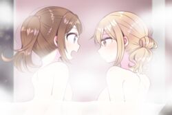  2girls bang_dream! blonde_hair blush breasts brown_eyes brown_hair from_behind ichigaya_arisa looking_at_another medium_breasts multiple_girls natsuha_(728_24) nude open_mouth ponytail purple_eyes same-sex_bathing shared_bathing steam toyama_kasumi yuri 