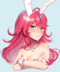  ahoge animal_ears bad_id bad_twitter_id blue_eyes blush bow bowtie breasts crossed_arms elaine_(kometa_virtual_live) female furrowed_brow hair_ornament highres kometa_virtual_live lapynne long_hair looking_at_viewer medium_breasts pink_hair pout rabbit_ears simple_background solo wavy_hair wrist_cuffs 