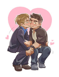  2boys averting_eyes bara black_hair black_jacket blonde_hair blue_shirt blush brown_footwear closed_mouth couple david_king_(dead_by_daylight) dead_by_daylight denim embarrassed eyebrow_cut facial_hair felix_richter flower_tattoo hand_on_another&#039;s_arm hand_on_another&#039;s_back heart heart_background highres holding_hands jacket jeans kissing kissing_cheek looking_at_another looking_to_the_side loving_aura male_focus motion_lines multiple_boys neck_tattoo open_clothes open_jacket pants purple_jacket purple_pants shirt shoes short_hair shy sitting sneakers sparse_stubble stubble sweatdrop tattoo thick_eyebrows undercut wasted_m9 watch white_background white_shirt wristwatch yaoi yellow_eyes 