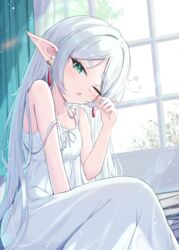  book book_stack breasts commentary_request curtains day elf female frieren green_eyes highres long_hair looking_at_viewer mikaze_oto nightgown one_eye_closed pointy_ears sitting sleeping sleeveless small_breasts sousou_no_frieren strap_slip thick_eyebrows white_hair white_nightgown window 