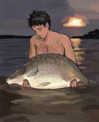  1boy animal black_hair carp chest_hair closed_eyes closed_mouth commentary english_commentary fish highres holding holding_animal holding_fish kyokyeo male_focus mob_psycho_100 outdoors partially_submerged serizawa_katsuya short_hair smile solo sun topless_male upper_body water 