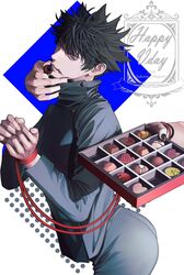  2023 2boys arm_tattoo ass black_hair black_jacket black_nails black_pants bound bound_wrists box box_of_chocolates buttons candy chocolate chocolate_on_face english_commentary english_text eyelashes feeding fingernails food food_on_face fushiguro_megumi grabbing_another&#039;s_chin hair_between_eyes hand_on_another&#039;s_chin happy_valentine heart heart-shaped_chocolate high_collar highres jacket jujutsu_kaisen long_sleeves male_focus multiple_boys nail_polish pants parted_lips ryoumen_sukuna_(jujutsu_kaisen) school_uniform short_hair tattoo yaoi zhhy3324 