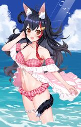  absurdres animal_ear_fluff animal_ears arknights beach bikini black_hair blue_sky breasts brown_eyes cleavage cloud cosplay eyjafjalla_(arknights) eyjafjalla_(arknights)_(cosplay) eyjafjalla_(summer_flower)_(arknights) female hair_between_eyes hair_ornament highres hololive kazuna_(minekazuna) long_hair medium_breasts multicolored_hair navel ocean ookami_mio open_mouth red_bikini red_hair sky smile solo stomach streaked_hair swimsuit tail virtual_youtuber wading wolf_ears wolf_girl wolf_tail 