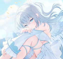  absurdres blue_eyes blue_nails bow breasts commission dress female grey_hair halo highres hiuzawa_reira indie_virtual_youtuber long_hair long_sleeves skeb_commission snow_is solo two_side_up underboob virtual_youtuber white_bow white_dress wide_sleeves 