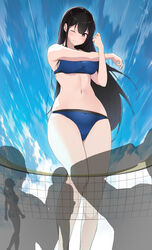  bare_legs bare_shoulders bikini blue_bikini breasts brown_eyes brown_hair closed_mouth dermar feet_out_of_frame female from_below giant giantess hair_between_eyes highres large_breasts long_hair looking_at_viewer navel one_eye_closed original outdoors sky smile solo_focus stretching swimsuit taut_bikini very_long_hair volleyball_net 