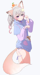  absurdres animal_ears annytf artist_name ass closed_mouth commentary english_commentary female food fox_ears fox_girl fox_tail fruit gradient_hair hair_ornament heart highres hood hood_down hoodie indie_virtual_youtuber multicolored_hair no_pants panties paw_pose pink_hair pink_nails pocket purple_eyes purple_hoodie purple_panties solo star_(symbol) star_hair_ornament star_in_eye star_print symbol_in_eye tail underwear virtual_youtuber xobevol 