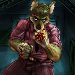  1:1 anthro brass_knuckles canid canine clothing dress_shirt fighting_pose lostwisdom male mammal melee_weapon pose shirt solo topwear warehouse weapon 