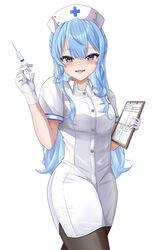  :d alternate_costume black_pantyhose blue_eyes blue_hair blush breasts clipboard collared_dress commentary_request dress female gloves hat highres hiiragi_melt holding holding_clipboard hololive hoshimachi_suisei long_hair looking_at_viewer nurse nurse_cap open_mouth pantyhose small_breasts smile solo star_(symbol) star_in_eye symbol_in_eye very_long_hair virtual_youtuber white_background white_dress white_gloves white_hat 