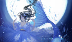  absurdres air_bubble black_hair blue_dress blue_theme bubble dress female fish hair_floating_upwards hair_ornament highres long_hair mata_c mermaid monster_girl original pointy_ears purple_eyes solo 