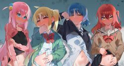  4girls @_@ ahoge artist_name asymmetrical_bangs black_cardigan black_panties black_shirt black_skirt blonde_hair blue_hair blush bocchi_the_rock! bow bowtie brown_sailor_collar brown_shirt cardigan cardigan_lift choppy_bangs closed_mouth clothes_lift collarbone collared_shirt crossed_bangs cube_hair_ornament detached_ahoge detached_hair ear_blush embarrassed fingernails gotoh_hitori green_jacket grey_background grey_panties hair_between_eyes hair_ornament hand_on_own_arm hand_on_own_stomach highres hood hood_down hooded_jacket ijichi_nijika jacket kita_ikuyo lifting_own_clothes long_hair long_sleeves looking_at_viewer looking_to_the_side medium_hair midriff midriff_peek multiple_girls navel nose_blush one_side_up open_clothes open_jacket panties parted_bangs pink_hair pink_jacket pleated_skirt polka_dot_bowtie puffy_long_sleeves puffy_sleeves red_bow red_bowtie red_eyes red_hair sailor_collar school_uniform shirt short_hair shuka_high_school_uniform side_ponytail sidelocks simple_background skirt skirt_lift sofa_(enogunomu) spread_navel sweat track_jacket twitter_username underwear upper_body v-shaped_eyebrows wavy_mouth white_shirt yamada_ryo yellow_eyes 