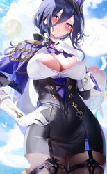  :o absurdres ascot black_skirt blue_hair blue_sky blush breasts clorinde_(genshin_impact) cloud corset epaulettes fantongjun female genshin_impact gloves hand_on_own_hip hat highres large_breasts looking_at_viewer mature_female miniskirt open_mouth outdoors pantyhose pencil_skirt purple_ascot purple_eyes skirt sky solo tricorne vision_(genshin_impact) white_gloves 