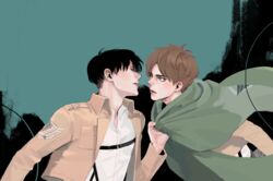  2boys armouries bishounen black_hair blush bob_cut brown_hair cape clothes_grab eren_yeager eye_contact grabbing green_cape green_eyes harness imminent_kiss levi_(shingeki_no_kyojin) looking_at_another male_focus multiple_boys open_mouth paradis_military_uniform shingeki_no_kyojin shirt short_hair simple_background survey_corps_(emblem) three-dimensional_maneuver_gear upper_body white_shirt wire yaoi 