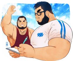  2boys =_= arm_hair armpit_hair armpits bara beard blue_sky chest_hair covered_nipples cropped_torso daisukebear facial_hair from_side frown full_beard glasses highres huge_eyebrows large_pectorals male_focus mature_male multiple_boys nipple_slip nipples notebook original pectoral_cleavage pectorals plump red_tank_top shirt short_hair sidepec sky stomach t-shirt tank_top waving writing 