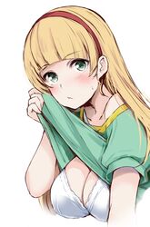  blonde_hair blunt_bangs blush bra breasts cleavage closed_mouth clothes_lift commentary_request female gengoroh green_eyes green_shirt hair_behind_ear hairband heanna_sumire highres large_breasts long_hair looking_at_viewer love_live! love_live!_superstar!! red_hairband selfie shirt shirt_lift simple_background single_bare_shoulder solo underwear upper_body white_background white_bra 