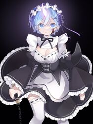  black_background blood blood_on_face blue_eyes blue_hair breasts chains cleavage commentary_request demon_girl detached_sleeves evil_smile female frilled_sleeves frills hair_between_eyes hair_ornament hair_ribbon highres holding holding_weapon horns large_breasts looking_at_viewer maid maid_headdress nitsuki_09 oni_horns purple_ribbon re:zero_kara_hajimeru_isekai_seikatsu rem_(re:zero) ribbon ribbon-trimmed_clothes ribbon_trim roswaal_mansion_maid_uniform short_hair simple_background smile solo thighhighs weapon x_hair_ornament 