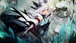  absurdres arknights armband breasts bright_pupils closed_mouth coat crystal dress feather_hair female highres holding holding_staff large_breasts leg_up long_hair long_sleeves looking_at_viewer open_clothes open_coat orange_eyes ptilopsis_(arknights) rhine_lab_logo ribiadan running solo staff thighhighs white_coat white_dress white_hair white_thighhighs 