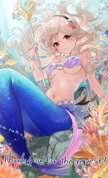  black_hairband breasts commission corrin_(female)_(fire_emblem) corrin_(fire_emblem) female fire_emblem fire_emblem_cipher fire_emblem_fates hairband haru_(nakajou-28) highres holding holding_polearm holding_weapon large_breasts long_hair looking_at_viewer mermaid monster_girl official_alternate_costume pointy_ears polearm red_eyes shell shell_bikini skeb_commission smile solo spear underboob underwater weapon white_hair 