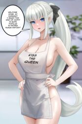  apron bare_arms bare_shoulders black_bow blue_eyes blush bow braid breasts cleavage clothes_writing collarbone cowboy_shot english_text fate/grand_order fate_(series) female grey_hair hairbow hands_on_own_hips highres indoors large_breasts long_hair looking_at_viewer morgan_le_fay_(fate) naked_apron open_mouth plant ponytail potted_plant raskasar sidelocks solo speech_bubble very_long_hair white_apron 