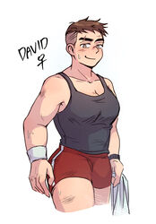  armband black_eyes black_hair black_tank_top breasts character_name cleavage closed_mouth cowboy_shot david_king_(dead_by_daylight) dead_by_daylight eyebrow_cut female genderswap_(mtf) gym_shorts highres holding holding_towel looking_at_viewer medium_breasts muscular muscular_female red_shorts rule_63 scuffed short_hair shorts smile solo sweat tank_top towel undercut wasted_m9 watch white_armband white_background white_towel wristwatch 