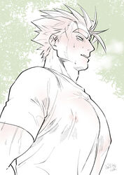  1boy bara blush covered_nipples deruha_(this_communication) from_side highres huge_eyebrows large_pectorals light_frown looking_ahead male_focus muscular muscular_male open_mouth partially_colored pectorals pink_hair profile shirt short_hair solo spiked_hair sweat t-shirt this_communication umedairuka upper_body very_sweaty 