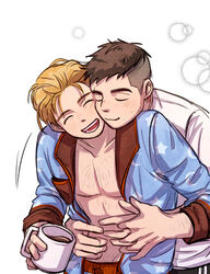  2boys :d arm_hair bad_id bad_twitter_id bara bare_pectorals black_hair blonde_hair blue_pajamas blush cheek-to-cheek cheek_press chest_hair closed_eyes coffee coffee_mug couple cup david_king_(dead_by_daylight) dead_by_daylight facial_hair felix_richter flower_tattoo hairy happy heads_together highres holding holding_cup hug hug_from_behind male_focus mug multiple_boys muscular muscular_male navel_hair neck_tattoo open_clothes open_mouth pajamas pants pectorals shirt shoes short_hair smile sneakers stubble sweatpants tattoo undercut wasted_m9 white_background white_shirt yaoi 