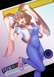  animal_ears blue_unitard bodysuit breasts brown_eyes brown_hair buttons cleavage clenched_hands collarbone commentary_request covered_navel cropped_jacket female fingerless_gloves fingernails gloves goggles goggles_on_head highres jacket leg_up makihara_arina medium_breasts one_eye_closed open_clothes open_jacket open_mouth rabbit_ears shoes short_hair short_sleeves skin_tight smile sneakers solo teeth unitard upper_teeth_only user_dttw2327 waku_waku_7 