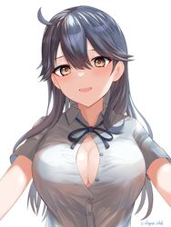  ahoge alternate_costume black_hair black_ribbon breasts brown_eyes cleavage collared_shirt dangan_kurabu dress_shirt female highres kantai_collection large_breasts long_hair looking_at_viewer neck_ribbon ribbon shirt simple_background solo upper_body ushio_(kancolle) white_background white_shirt 