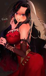  6_may_6 black_hair breasts commentary dark-skinned_female dark_skin detached_sleeves dress earrings female flower_trim gradient_hair highres jewelry large_breasts long_dress long_hair looking_at_viewer multicolored_hair nijisanji nijisanji_en official_alternate_costume red_dress red_eyes red_hair red_nails scarle_yonaguni scarle_yonaguni_(2nd_costume) sideboob smile solo symbol-only_commentary very_long_hair virtual_youtuber wavy_hair 