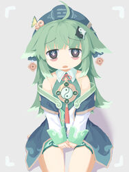  ahoge bags_under_eyes bare_shoulders blue_headwear detached_sleeves dress female green_hair grey_background hassai highres honkai:_star_rail honkai_(series) huohuo_(honkai:_star_rail) long_hair long_sleeves looking_at_viewer open_mouth paw-shaped_pupils short_dress simple_background sitting sleeveless sleeveless_dress sleeves_past_wrists solo straight-on symbol-shaped_pupils viewfinder yin_yang 