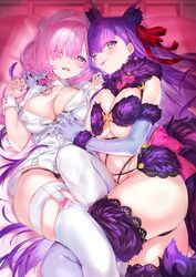  2girls ;p animal_ear_fluff animal_ears bb_(bb_shot!)_(fate) bb_(bb_shot!)_(fate)_(cosplay) bb_(fate) blue_gloves blush breasts cleavage commentary cosplay costume_switch elbow_gloves fate/grand_order fate_(series) fingernails fur_trim gloves hair_over_one_eye hair_ribbon hat highres kou_mashiro large_breasts looking_at_viewer lying mash_kyrielight mash_kyrielight_(dangerous_beast) mash_kyrielight_(dangerous_beast)_(cosplay) multiple_girls nurse nurse_cap on_back one_eye_closed pink_hair purple_eyes red_ribbon ribbon short_hair symbol-only_commentary thighhighs tongue tongue_out white_thighhighs 