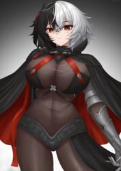  absurdres azur_lane black_cape black_hair bodystocking breasts brown_eyes bruenhilde_(azur_lane) cape closed_mouth commentary_request covered_navel cowboy_shot cross female gauntlets hair_between_eyes hand_up highres horns iron_cross large_breasts looking_at_viewer multicolored_hair short_hair solo split-color_hair thighs ueyama_0clock waist_cape white_hair 