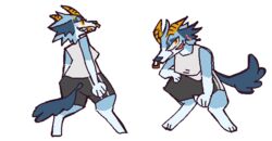  animated anthro blue_body blue_fur bottomwear bovid caprine clothing deer female fur grin guncht herpestid hybrid kaz_(guncht) mammal mongoose sheep shirt short_playtime shorts smile solo tank_top topwear 