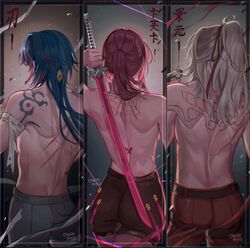  2boys back back_focus back_tattoo bandages_over_clothes bird blade_(honkai:_star_rail) blue_hair brown_pants brown_shorts chikenryice chinese_text female grey_hair grey_pants highres honkai:_star_rail honkai_(series) jing_yuan kafka_(honkai:_star_rail) multiple_boys pants ponytail red_hair shorts spider_web_tattoo tattoo topless topless_male 