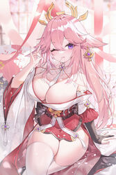  absurdres animal_ears breasts curvy detached_sleeves earrings female floppy_ears fox_ears fox_shadow_puppet genshin_impact hair_between_eyes hair_ornament highres japanese_clothes jewelry large_breasts long_hair looking_at_viewer nontraditional_miko one_eye_closed pink_fur pink_hair purple_eyes smile solo string_in_mouth thighhighs white_thighhighs wide_sleeves yae_miko yuia 