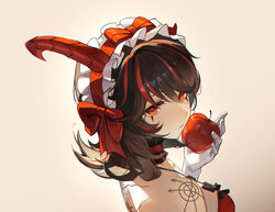  apple arm_tattoo ash-c back_tattoo black_hair breasts chinese_commentary commentary demon_horns detached_collar dress elbow_gloves facial_tattoo female food frilled_dress frills fruit gloves hair_between_eyes highres holding holding_food holding_fruit horns long_hair lucia:_plume_(punishing:_gray_raven) lucia_(punishing:_gray_raven) maid_headdress medium_breasts multicolored_hair official_alternate_costume parted_bangs punishing:_gray_raven red_dress red_eyes red_hair red_horns red_ribbon ribbon sidelocks single_horn streaked_hair tattoo upper_body white_gloves wings 