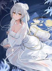  absurdres arm_under_breasts azur_lane banner breasts china_dress chinese_clothes cleavage closed_mouth dress female full_moon hai_tien_(autumn_night_of_wandering_spirits)_(azur_lane) hai_tien_(azur_lane) hair_between_eyes highres lake large_breasts long_hair looking_at_viewer moon multicolored_hair night official_alternate_costume qing_wu reflection reflective_water sitting solo streaked_hair very_long_hair wariza water white_dress white_hair wide_sleeves yellow_eyes 