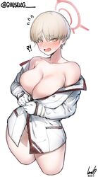  !? blonde_hair blue_archive blush bottomless breasts cowboy_shot female ginseng_(xin) gloves halo highres jacket large_breasts long_sleeves marina_(blue_archive) military_uniform open_mouth short_hair simple_background solo unbuttoned unbuttoned_jacket uniform white_background white_gloves white_jacket yellow_eyes 