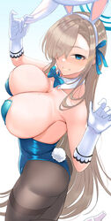  animal_ears ashita_(2010) asuna_(blue_archive) asuna_(bunny)_(blue_archive) bare_shoulders blue_archive blue_eyes blue_leotard blue_ribbon blush breasts brown_pantyhose cleavage detached_collar elbow_gloves fake_animal_ears female gloves grin hair_over_one_eye hair_ribbon halo highleg highleg_leotard highres large_breasts leotard light_brown_hair long_hair looking_at_viewer mole mole_on_breast official_alternate_costume pantyhose playboy_bunny rabbit_ears rabbit_tail ribbon sideboob smile solo strapless strapless_leotard tail thighband_pantyhose thighs very_long_hair white_gloves 