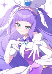  aqua_eyes commentary_request cure_majesty dress elbow_gloves ellee-chan eyelashes female gloves hair_ornament happy highres hirogaru_sky!_precure long_hair looking_at_viewer magical_girl nananaya7370 precure purple_dress purple_hair smile solo standing white_background white_gloves 