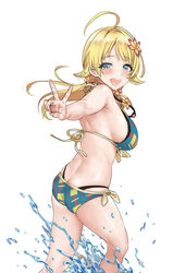  ahoge armpits ass bad_id bad_pixiv_id bikini blonde_hair blue_eyes blush breasts commentary female flower hachimiya_meguru hair_flower hair_ornament halterneck hamedoragon idolmaster idolmaster_shiny_colors large_breasts looking_at_viewer looking_to_the_side median_furrow multicolored_bikini multicolored_clothes side-tie_bikini_bottom sideboob simple_background smile solo splashing string_bikini swimsuit twisted_torso v white_background 