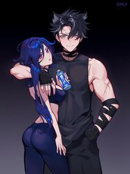  1boy absurdres alternate_costume ass black_hair black_tank_top blue_sports_bra breasts chui_art clorinde_(genshin_impact) drink female genshin_impact grey_hair hair_between_eyes highres holding holding_drink long_hair multicolored_hair pants parted_lips purple_eyes scar short_hair smile sports_bra streaked_hair tank_top tight_clothes tight_pants toned wriothesley_(genshin_impact) yoga_pants 