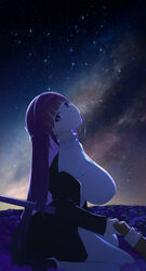  absurdres alternate_breast_size blunt_bangs breasts closed_mouth commentary covered_nipples dress female fern_(sousou_no_frieren) from_side highres huge_breasts long_hair long_sleeves looking_at_viewer looking_to_the_side night night_sky outdoors purple_eyes purple_hair serelith shaft_look sitting sky solo sousou_no_frieren star_(sky) starry_sky white_dress 